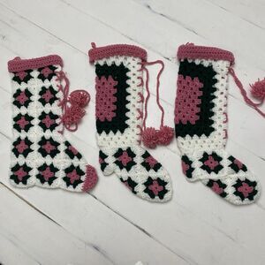 Vtg Handmade Lot of 3 Crochet Granny Square Christmas Stockings Green Pink White